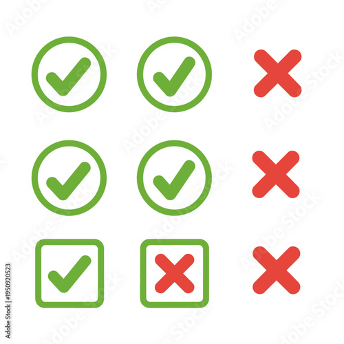 Green checkmarks and red crosses icons.