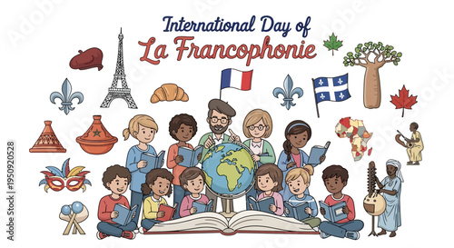 Illustration celebrating International Day of La Francophonie with diverse children and cultural symbols around an open book on a white background with a vibrant and educational mood.