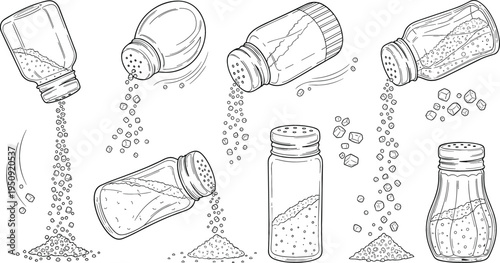 Salt Shaker Pouring Salt Collection with Glass Seasoning Bottles and Falling Salt Crystals Hand Drawn Engraving Style Kitchen Illustration Vector