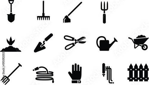 A collection of black icons representing various essential gardening tools and equipment items