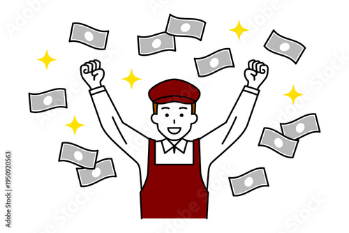 舞うお札とバンザイで喜ぶカフェの男性店員