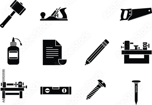 A collection of black icons representing various construction tools and woodworking equipment items
