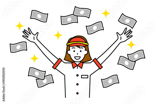 舞うお札とバンザイで喜ぶファストフード店の女性店員