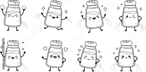 Cute Salt Shaker Cartoon Character Set with Different Emotions and Sprinkling Salt Actions Hand Drawn Outline Food Mascot Vector Illustration