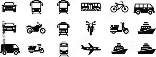 A collection of black icons representing various modes of public and private transport vehicles
