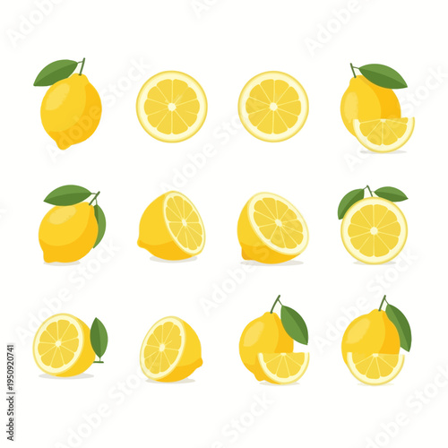 Lemons and lemon slices with leaves.