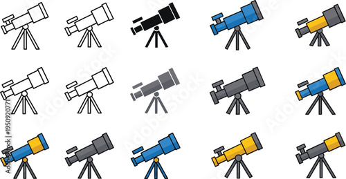 Astronomy Telescope Icon Set with Tripod Mounted Observatory Telescopes in Outline, Flat and Color Styles for Space Observation Science Vector Illustration
