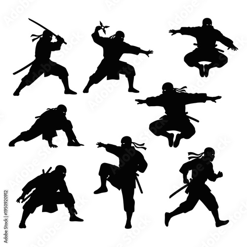 Ninja warriors in various fighting poses.