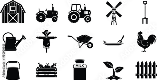 A collection of black silhouette icons representing various agricultural and farming equipment items