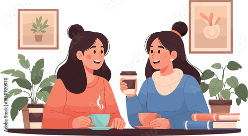 Two women friends talking and drinking coffee at cozy home interior friendship conversation lifestyle vector illustration