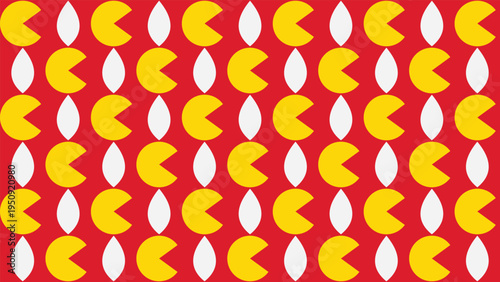 Pacman pattern with yellow characters and white ovals. Perfect for retrothemed designs, arcaderelated projects, and video game graphics.