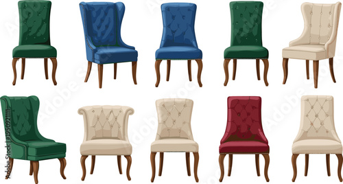 Elegant Upholstered Dining Chair Collection with Tufted Fabric Seating, Classic Vintage Furniture Design and Luxury Interior Decor Vector Illustration Set