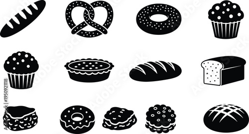 A collection of various baked goods and bread items displayed as simple black silhouette icons