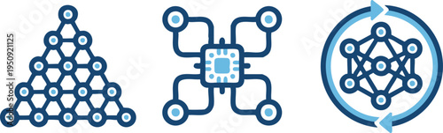 Set of blue neural network and artificial intelligence icons featuring triangular grid structures and central microchip processors with circular data flow arrows