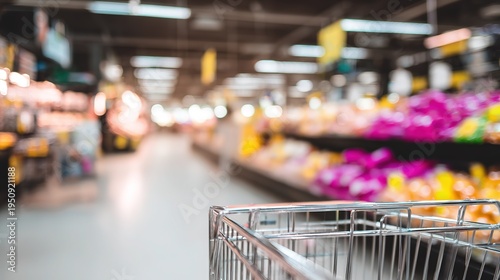Empty shopping cart in supermarket aisle with clean metal texture, soft fluorescent lighting from above, blurred grocery shelves background, modern retail concept
