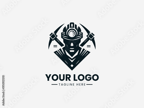 Black logo illustration of a miner's helmet with crossed pickaxes on a white background with space for a company logo and tagline.