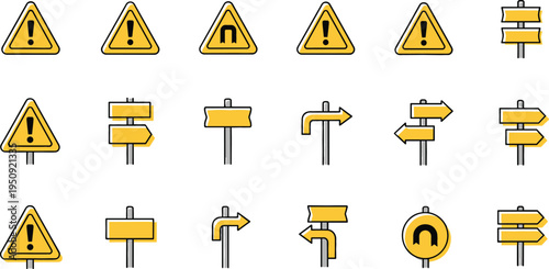 Road Warning and Direction Sign Icon Set with Caution Triangle, Turn Arrows, Intersection Indicators and Traffic Navigation Symbols Vector Illustration