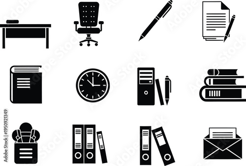A collection of twelve minimalist black and white office workspace and administration related icons