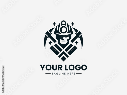 Black and white logo design featuring a miner's helmet with crossed pickaxes on a white background for industrial or mining companies.