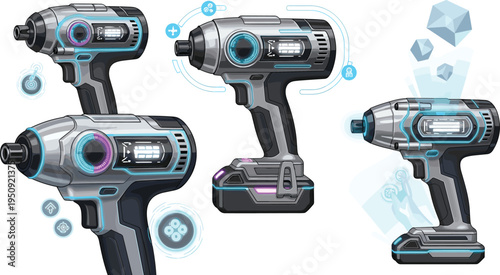 Futuristic smart power drill with digital interface and neon elements, high tech construction tool vector illustration set
