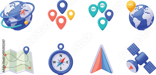 GPS Navigation and Location Map Icon Set with Compass, Satellite, Map Pins, Globe and Route Direction Symbols for Travel Technology Vector Illustration