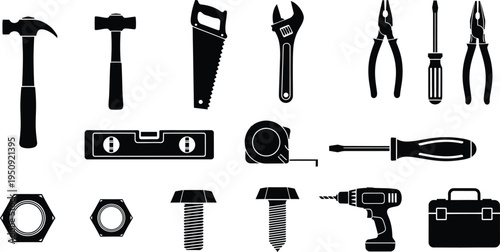 A collection of black silhouette icons representing various construction and repair hand tools