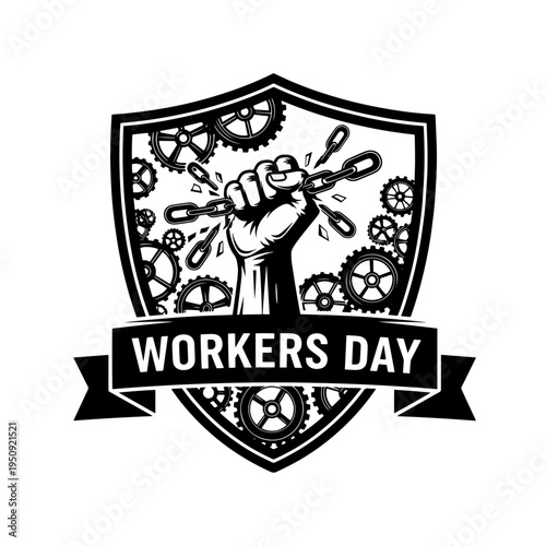 A powerful retro graphic emblem symbolizing Workers Day featuring a strong fist breaking a chain representing labor solidarity and industry strength.