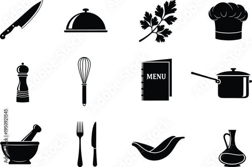 A collection of black culinary icons featuring various cooking tools and kitchen utensils for food
