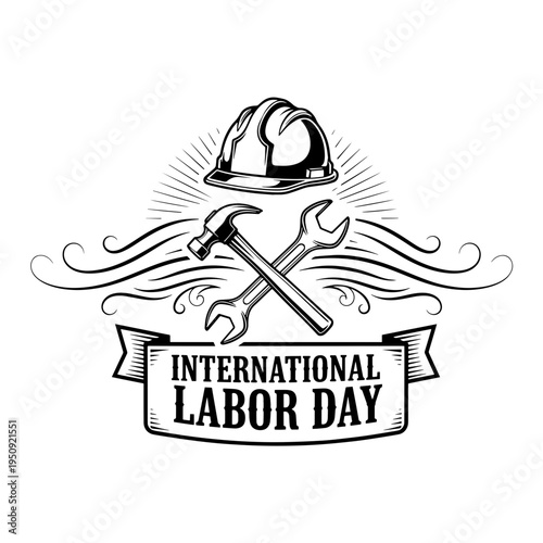 A Vintage and Honoring International Labor Day design featuring tools and a hard hat for celebrating workers on May Day