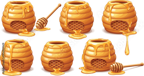 Golden Honey Beehive and Honey Dip Stick Collection with Dripping Sweet Honeycomb Jars and Apiary Beekeeping Vector Illustration Set