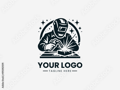 Black and white illustration of a welder wearing a protective mask with sparks on a clean white background.