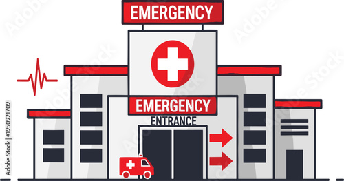 Hospital Emergency Entrance Building with Ambulance and Medical Cross Symbol, Healthcare Facility Exterior Vector Illustration