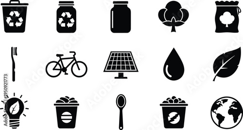 A collection of fifteen black and white icons representing various environmental sustainability themes