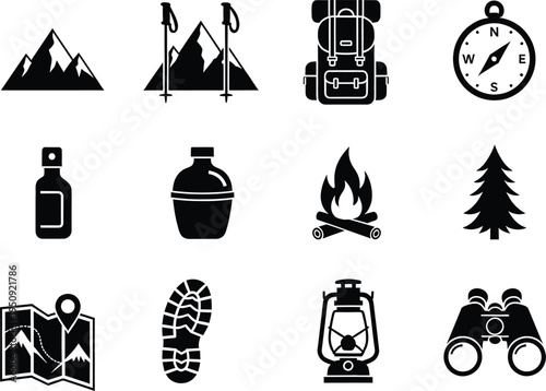 A collection of black and white vector icons representing various outdoor camping and hiking gear