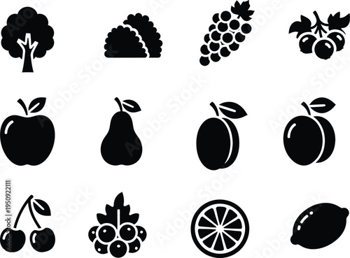 A collection of twelve simple black and white vector icons representing various garden fruit items