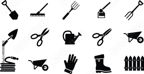 A collection of black silhouette icons representing various essential gardening tools and equipment