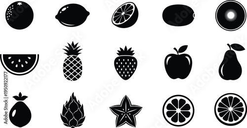A collection of fifteen diverse fruit icons displayed in a clean black and white silhouette style