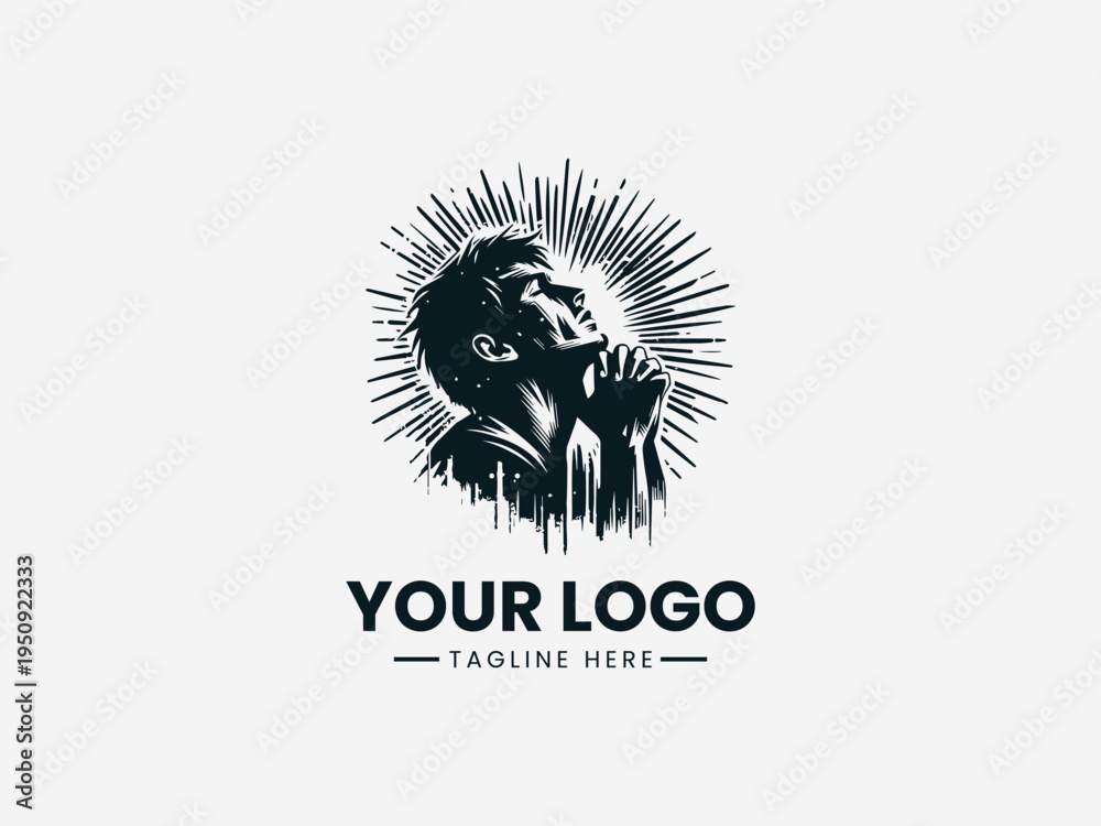 Fototapeta premium Monochromatic logo design featuring a stylized gorilla head with sunburst effect on a clean white background for branding purposes.