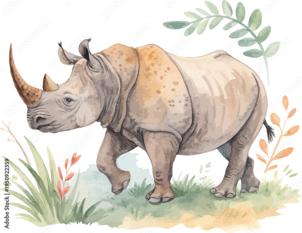 Fototapeta premium Watercolor Rhino Clipart, African Wildlife vector illustration isolated on white background
