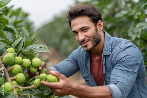 close up of farmer picking guava from branch