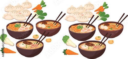 Asian ramen noodle bowls with dumplings vegetables and chopsticks traditional Japanese soup cuisine food vector illustration set