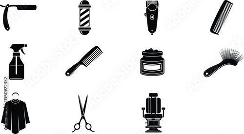 A collection of black icons representing professional barber shop tools and salon accessories set