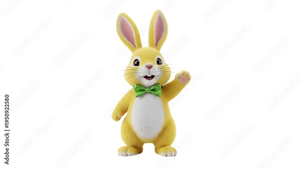 Fototapeta premium Adorable Fluffy Easter Bunny with Bow Tie Waving Isolated on White Background