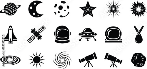 A comprehensive collection of diverse black and white icons representing outer space exploration