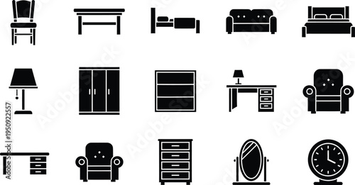 A comprehensive collection of black and white furniture icons for home and office interior design