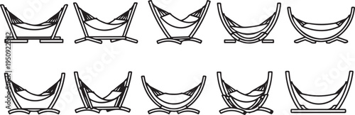 Various styles of hammocks displayed in a row with different support structures. Vector