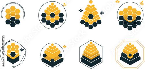 Modern Honeycomb Beehive Logo Collection with Hexagon Patterns, Abstract Bee Hive Symbols and Minimal Apiary Branding Vector Icon Set