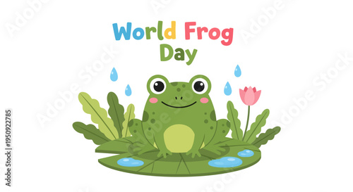 A colorful illustration of a smiling frog on a lily pad with plants and raindrops for World Frog Day, promoting conservation awareness with vibrant, playful design elements.