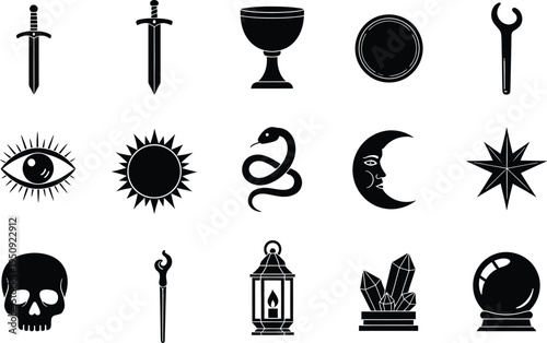 A collection of fifteen black and white mystical icons representing various occult or magic symbols