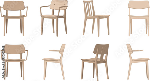Modern Wooden Chair Furniture Collection with Minimal Scandinavian Style Seating, Dining Room Chairs and Contemporary Interior Design Vector Illustration Set